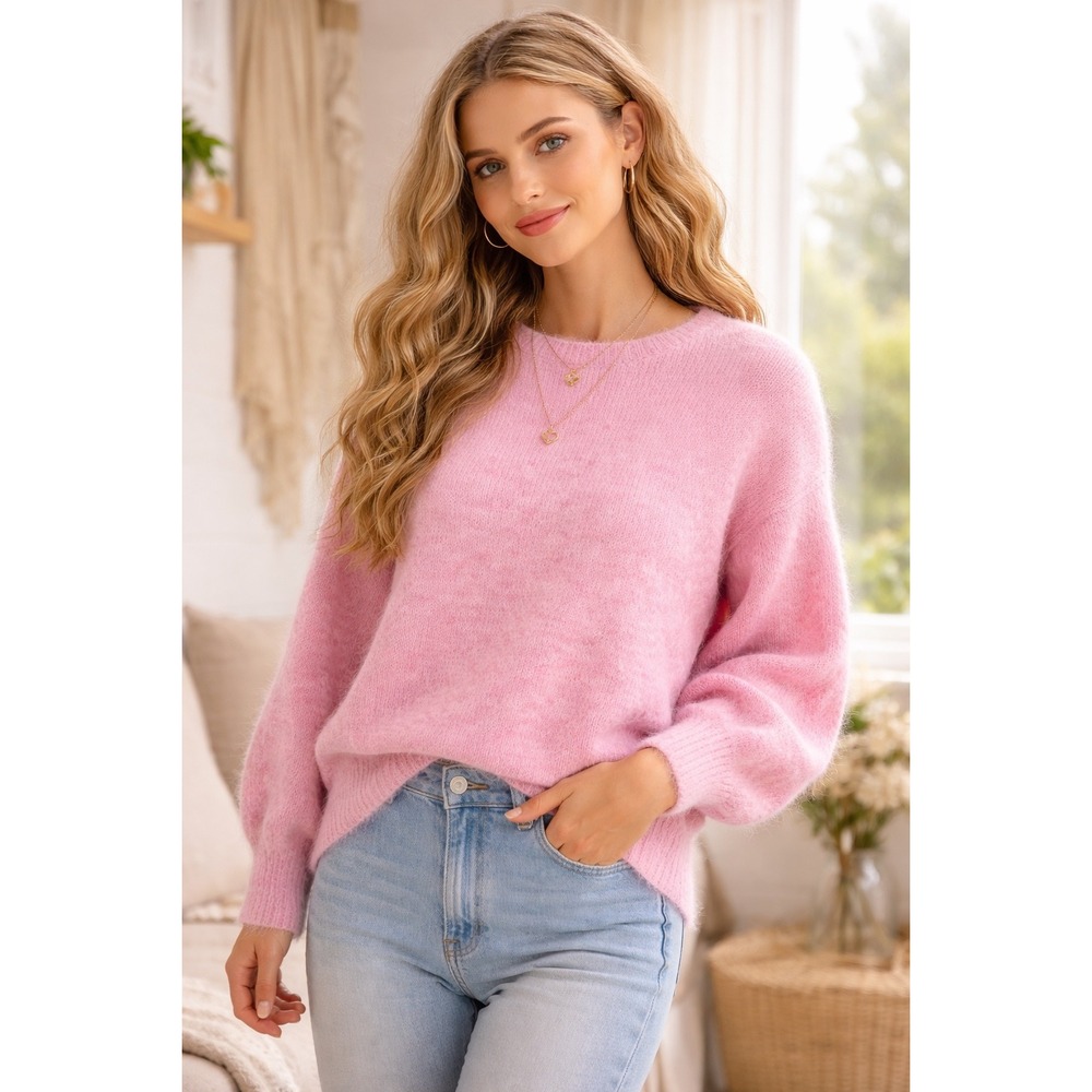 NWT Entro Fuzzy Knit Sweater Pink Soft Cozy Balloon Sleeve Small cottage barbie